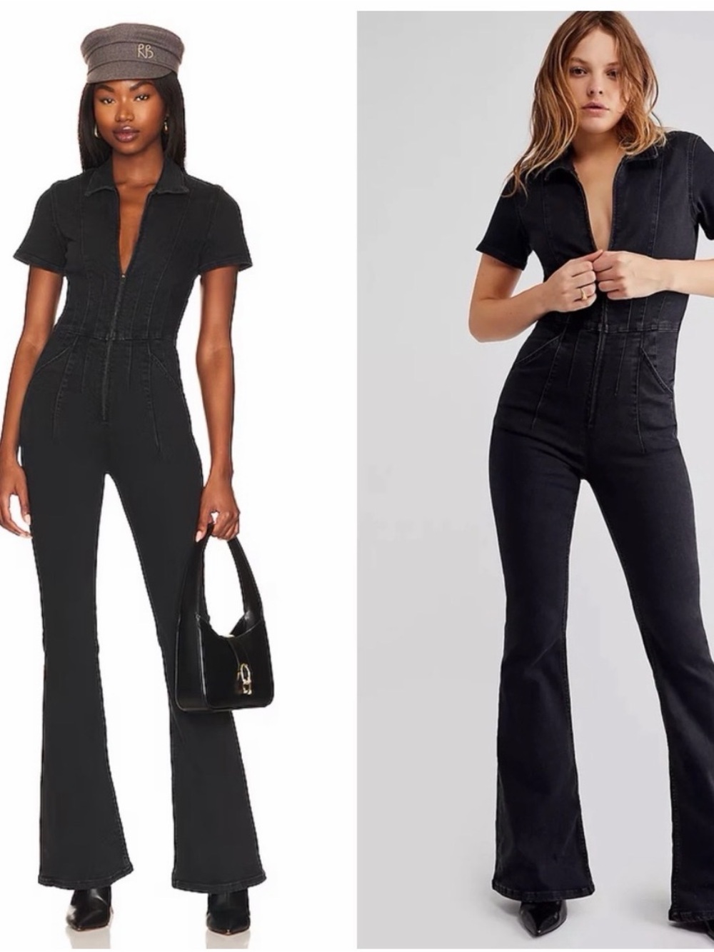 We The Free Black Short-Sleeve Zip-Front Flared Jumpsuit